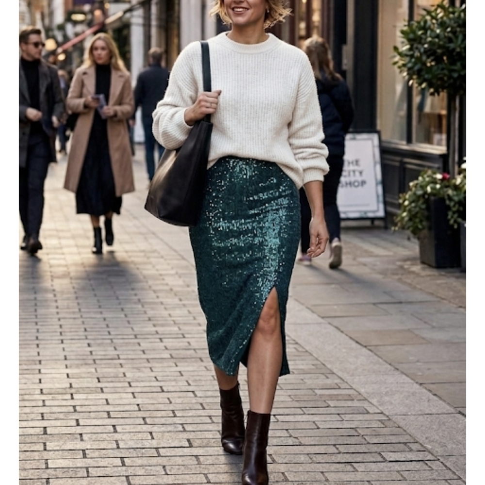 Anthropologie Emerald Sequin Midi Skirt with Front Slit